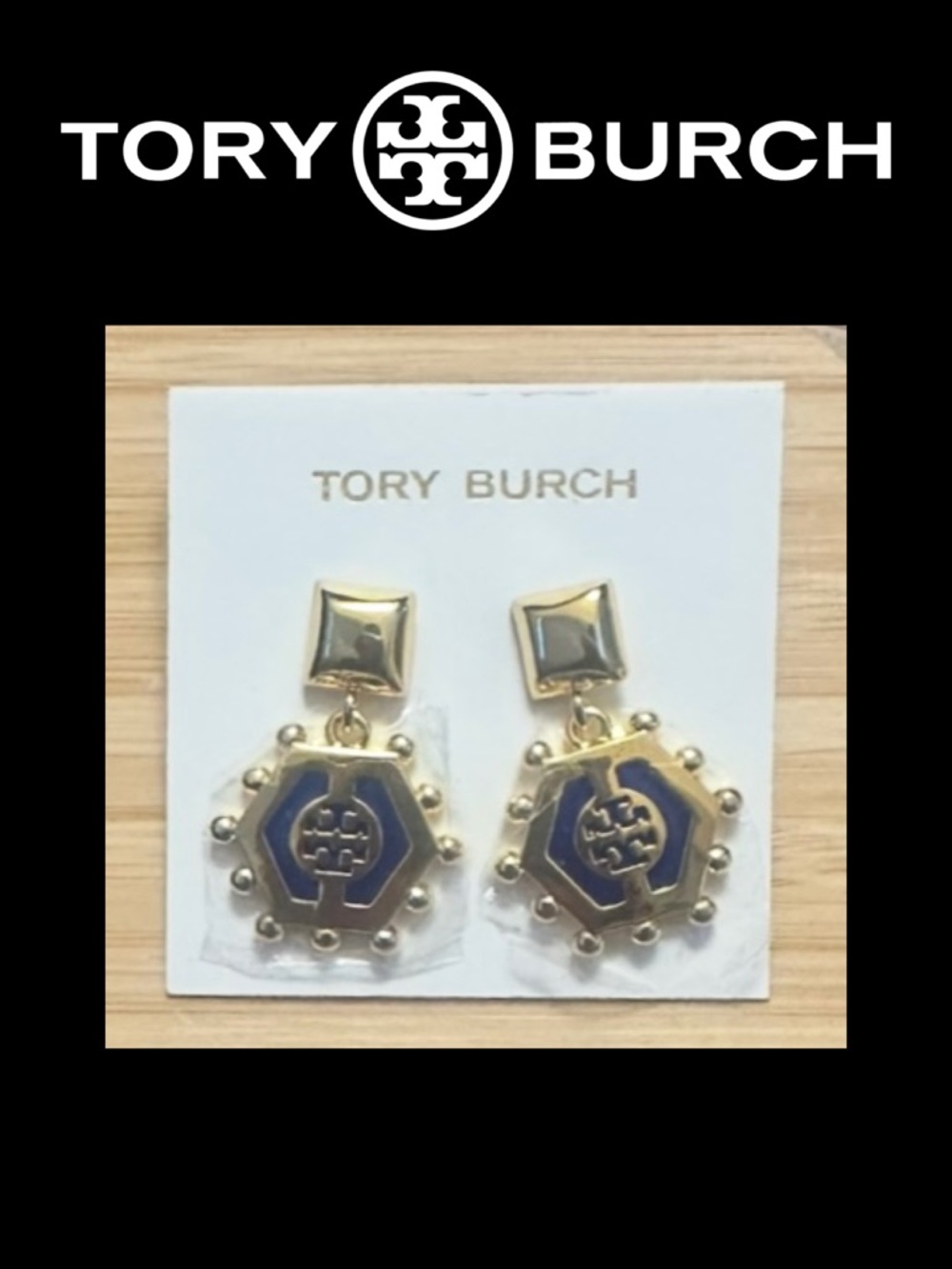 Tory Burch Gold and Blue Hexagon Earrings.